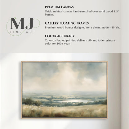 The image is a painting of a landscape with a field and a body of water, framed in a wooden frame.