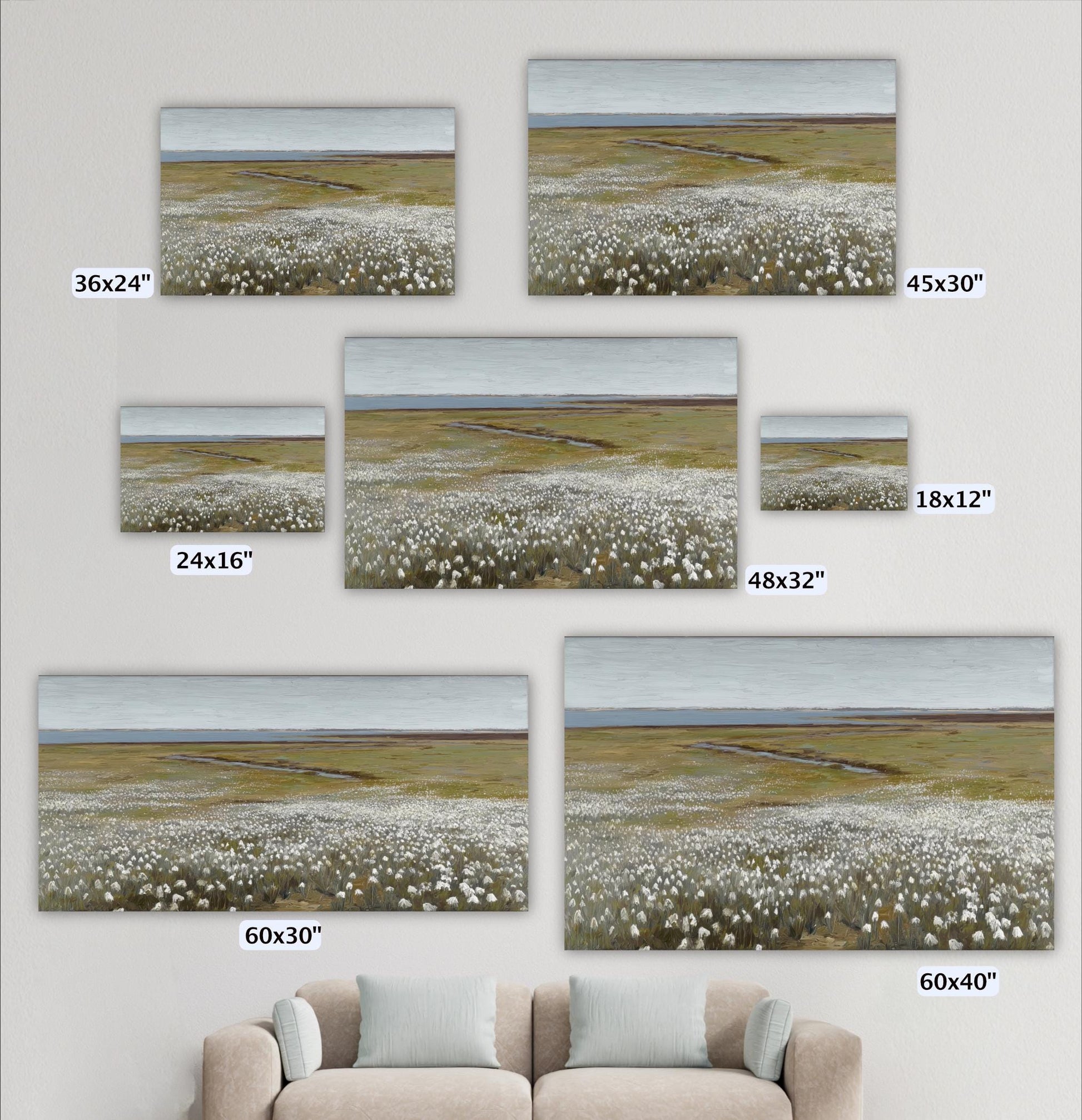 a collection of landscape paintings or photographs depicting various scenes, including a field of flowers. The paintings vary in size, ranging from 36x24 inches to 45x30 inches. The largest painting is 60x60 inches, while the smallest is 60x40 inches. The images are arranged on a wall, and there is a couch in the foreground.