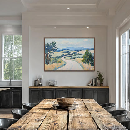 a large painting of a countryside landscape hanging on the wall above a wooden dining table with black chairs.