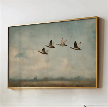 A painting of four ducks flying in a line against a cloudy sky background.