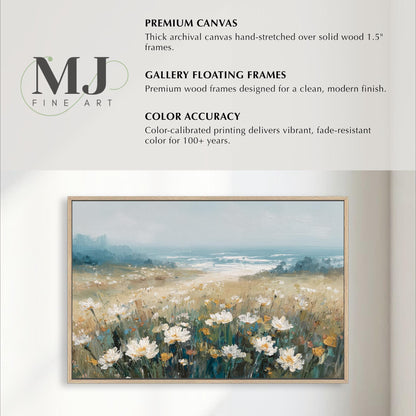 The image is a promotional poster for MJ Fine Art, featuring a painting of a field of white flowers against a blue sky. The poster highlights the premium quality of the artwork, including the use of high-quality materials and the artist's expertise in creating a clean, modern finish.