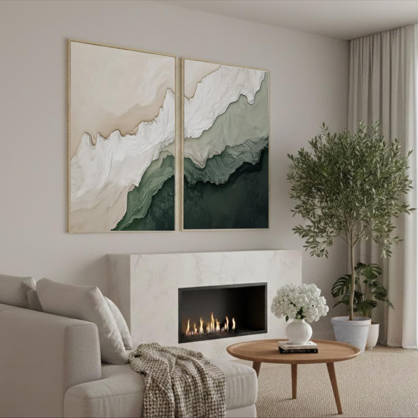 a cozy living room with a fireplace, a comfortable sofa, and a coffee table with a vase of white flowers. The room is decorated with a large abstract painting on the wall and a potted plant, creating a warm and inviting atmosphere.
