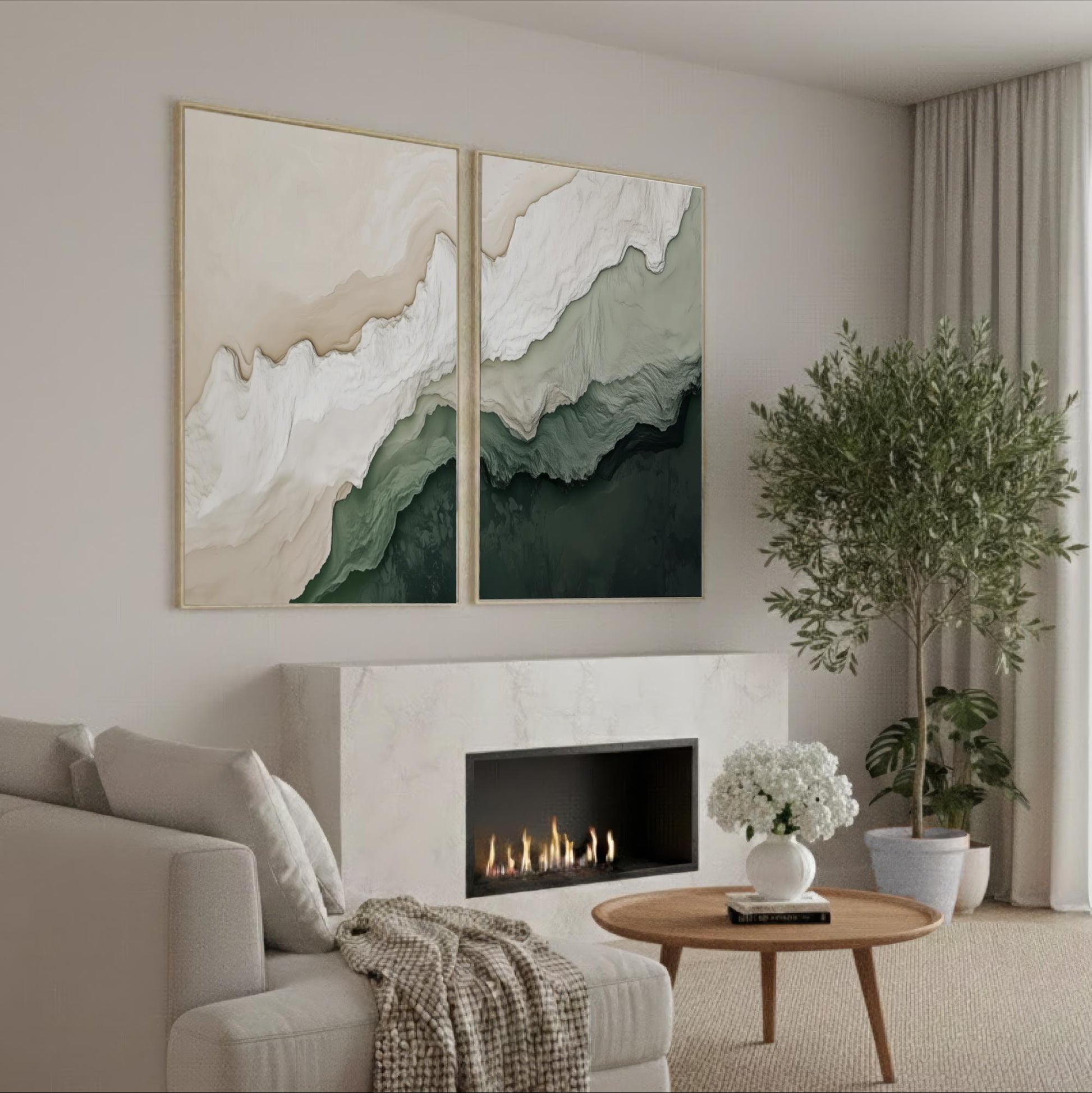 a cozy living room with a fireplace, a comfortable sofa, and a coffee table with a vase of white flowers. The room is decorated with a large abstract painting on the wall and a potted plant, creating a warm and inviting atmosphere.