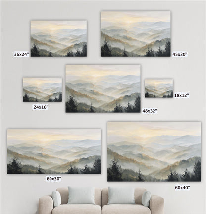 a collection of landscape paintings or photographs depicting mountains and forests, each with a different size and frame.