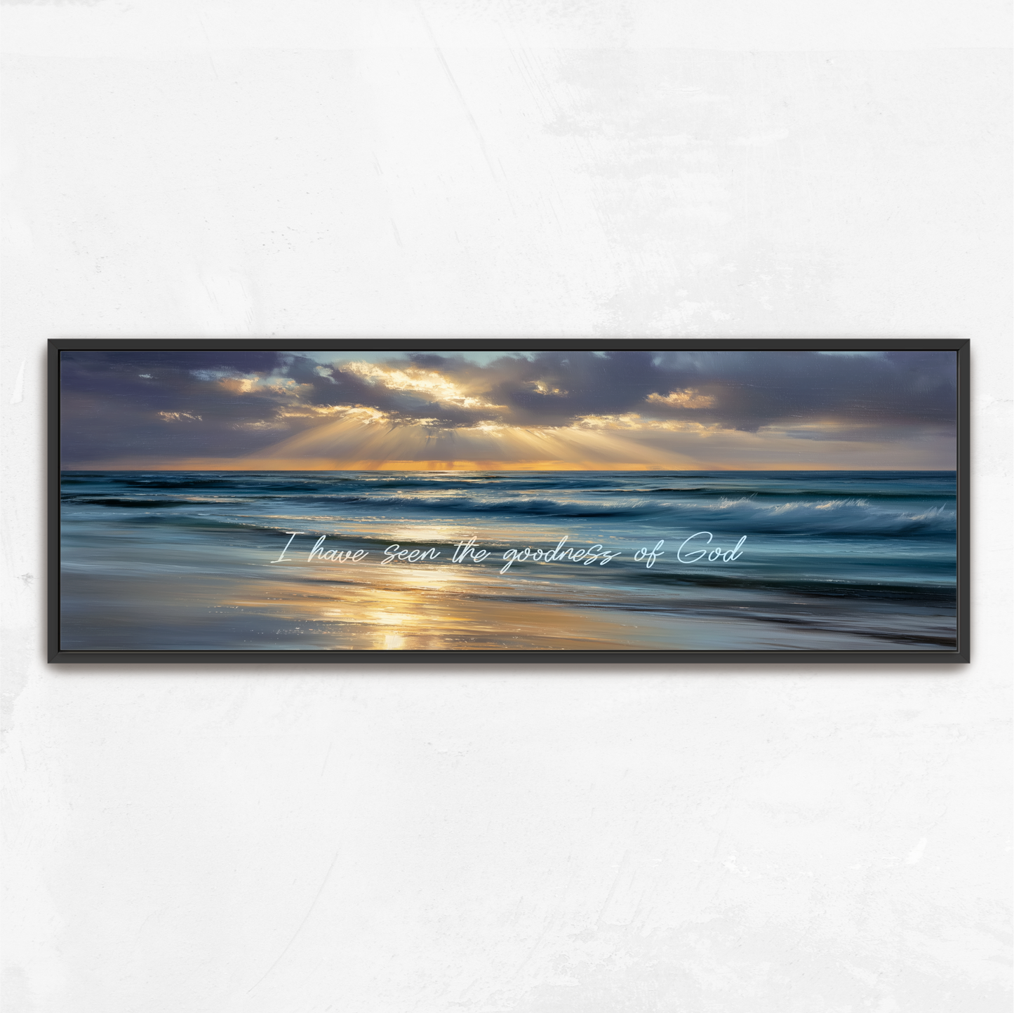 a serene beach scene with a calm ocean and a sky filled with clouds and the sun shining through, creating a beautiful reflection on the water's surface.