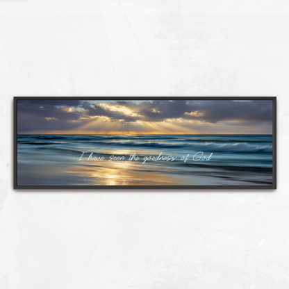 a serene beach scene with a calm ocean and a sky filled with clouds and the sun shining through, creating a beautiful reflection on the water's surface.