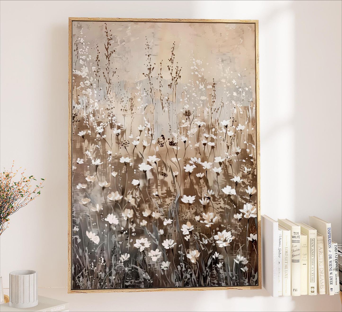 Wildflower Field Art, Neutral Beige, Vintage Modern Farmhouse , wood Framed Canvas or Print, Cottagecore Floral, Flower Landscape Artwork meadow