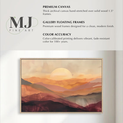 The image is a painting of a landscape with mountains and a sunset.