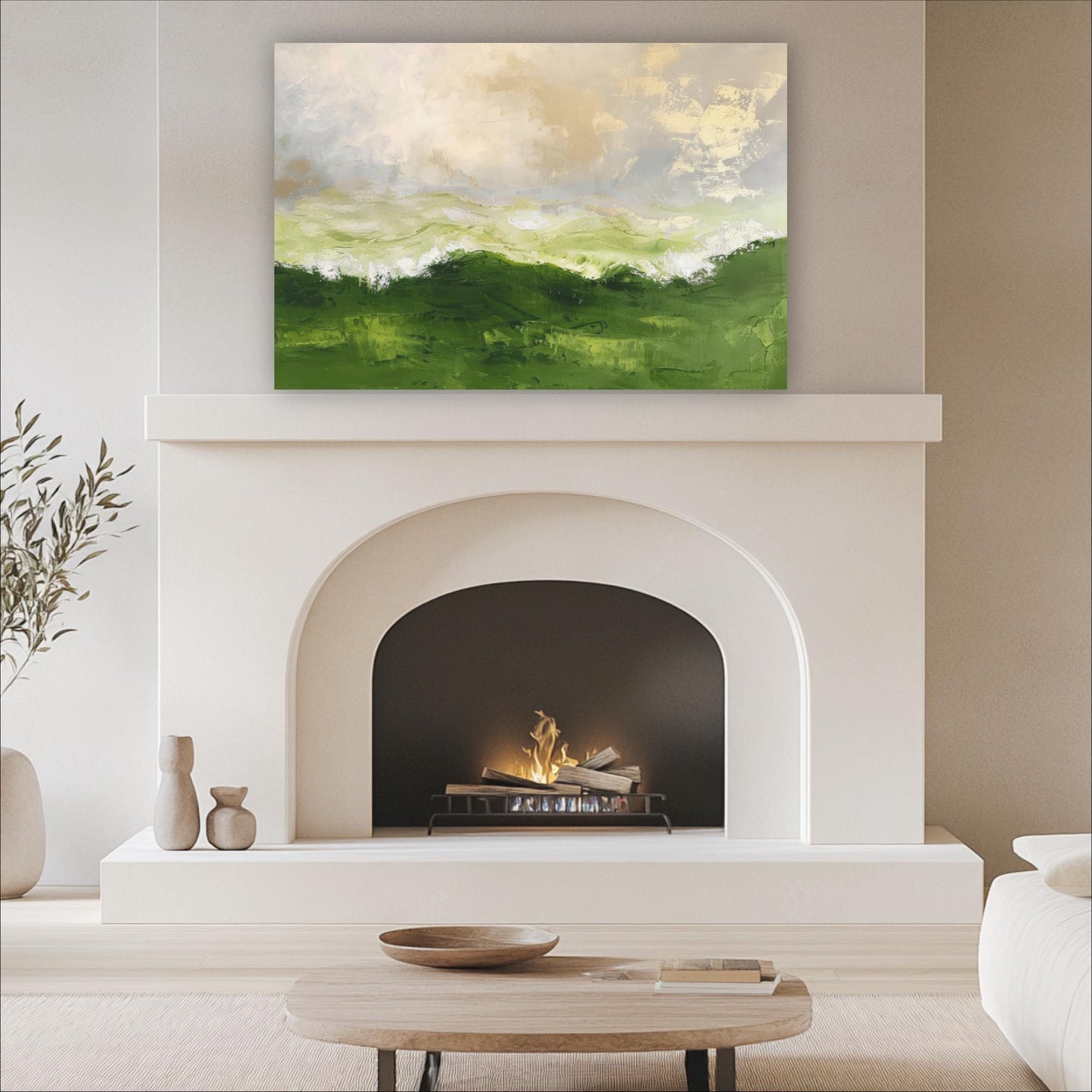 a cozy living room with a white fireplace, a wooden coffee table, and a painting of a green landscape above the fireplace.