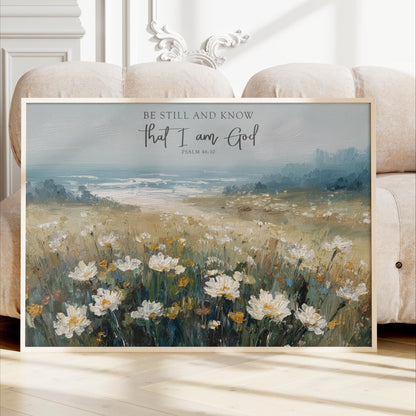 The image is a framed painting depicting a field of white flowers against a blue sky.