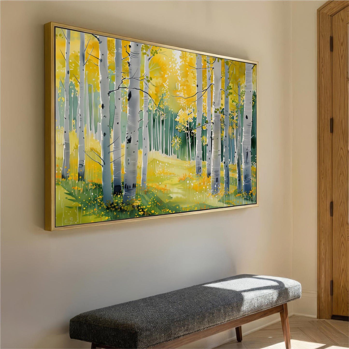 a large painting of a forest with yellow trees and green grass hanging on a wall.