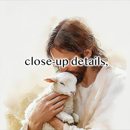 A close-up of a man holding a lamb, with the text "close-up details."