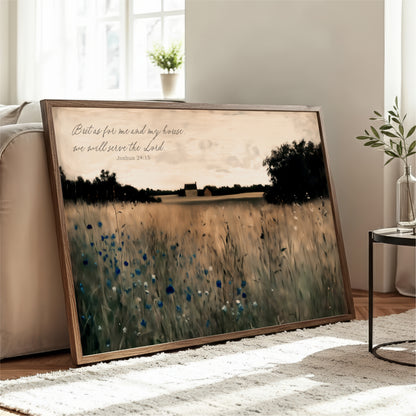 A framed painting depicting a serene landscape with a field of tall grass and trees, accompanied by a Bible verse from Joshua 24:15.