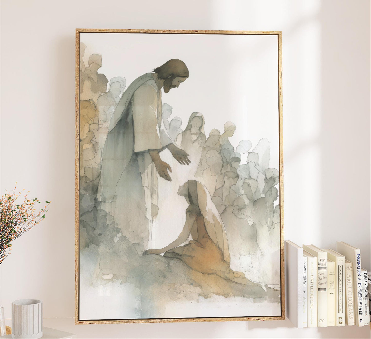 Woman Touches Jesus Art Print, Religious Artwork, Christian Watercolor Canvas, Miracle Healing, Printed Mailed