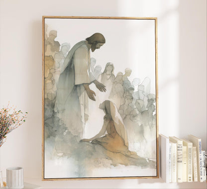 Woman Touches Jesus Art Print, Religious Artwork, Christian Watercolor Canvas, Miracle Healing, Printed Mailed