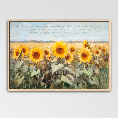The image is a framed painting depicting a field of vibrant yellow sunflowers.