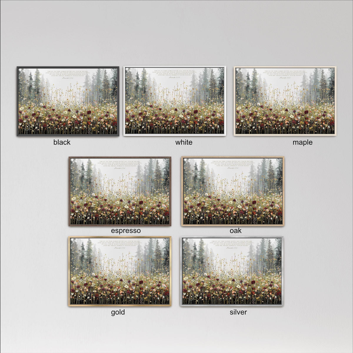 six framed pictures of a forest scene, each with a different color and frame style. The pictures are arranged in a grid format, with three pictures in each row and two pictures in each column. The frames are labeled with the color and style of the picture, such as black, white, maple, espresso, oak, gold, and silver.