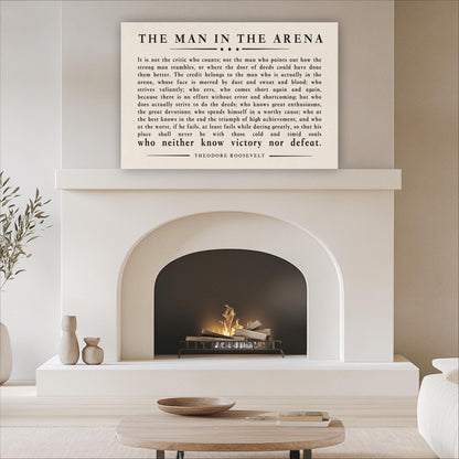a white fireplace with a quote displayed above it, and there are some decorative items on the mantel.