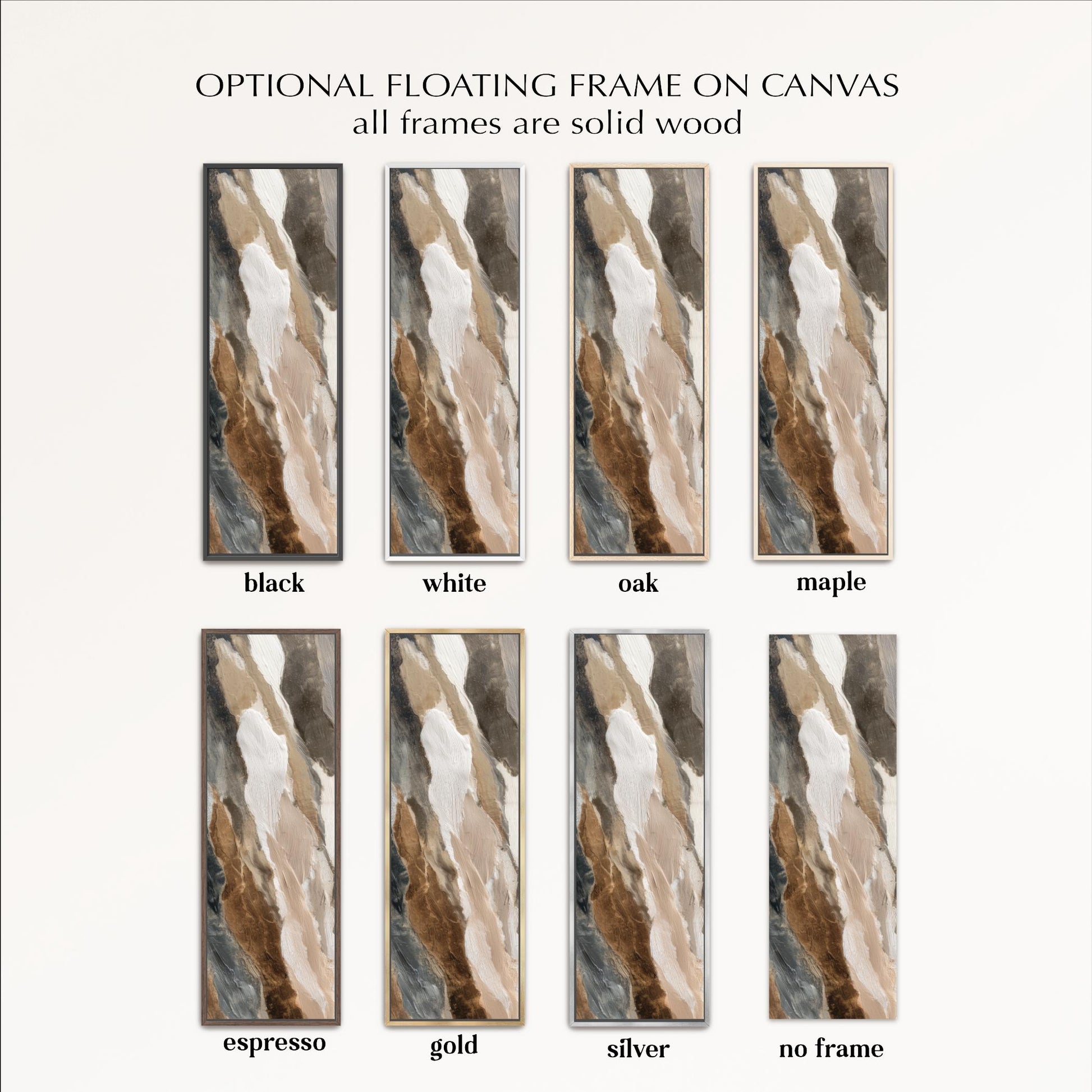 a collection of eight framed artworks, each with a different color and frame style. The artworks are arranged in a grid format, with four rows and two columns. The text above the image states that all frames are solid wood, and the text below the image provides a description of the artworks, including the color and frame style.