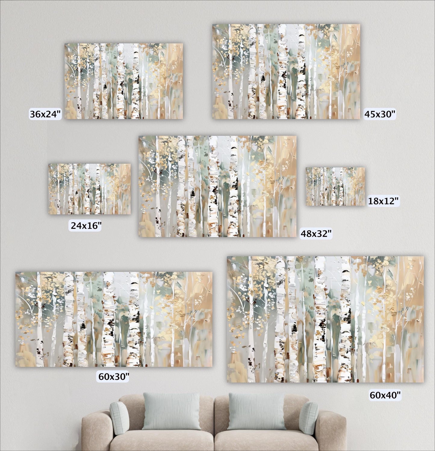 a collection of seven different-sized paintings or prints of a birch tree scene, each depicting the tree's bark and branches in various shades of green and beige. The paintings are arranged in a grid-like pattern on the wall, with each one varying in size. In the foreground, there is a couch or sofa, providing a seating area for viewers to appreciate the artwork.