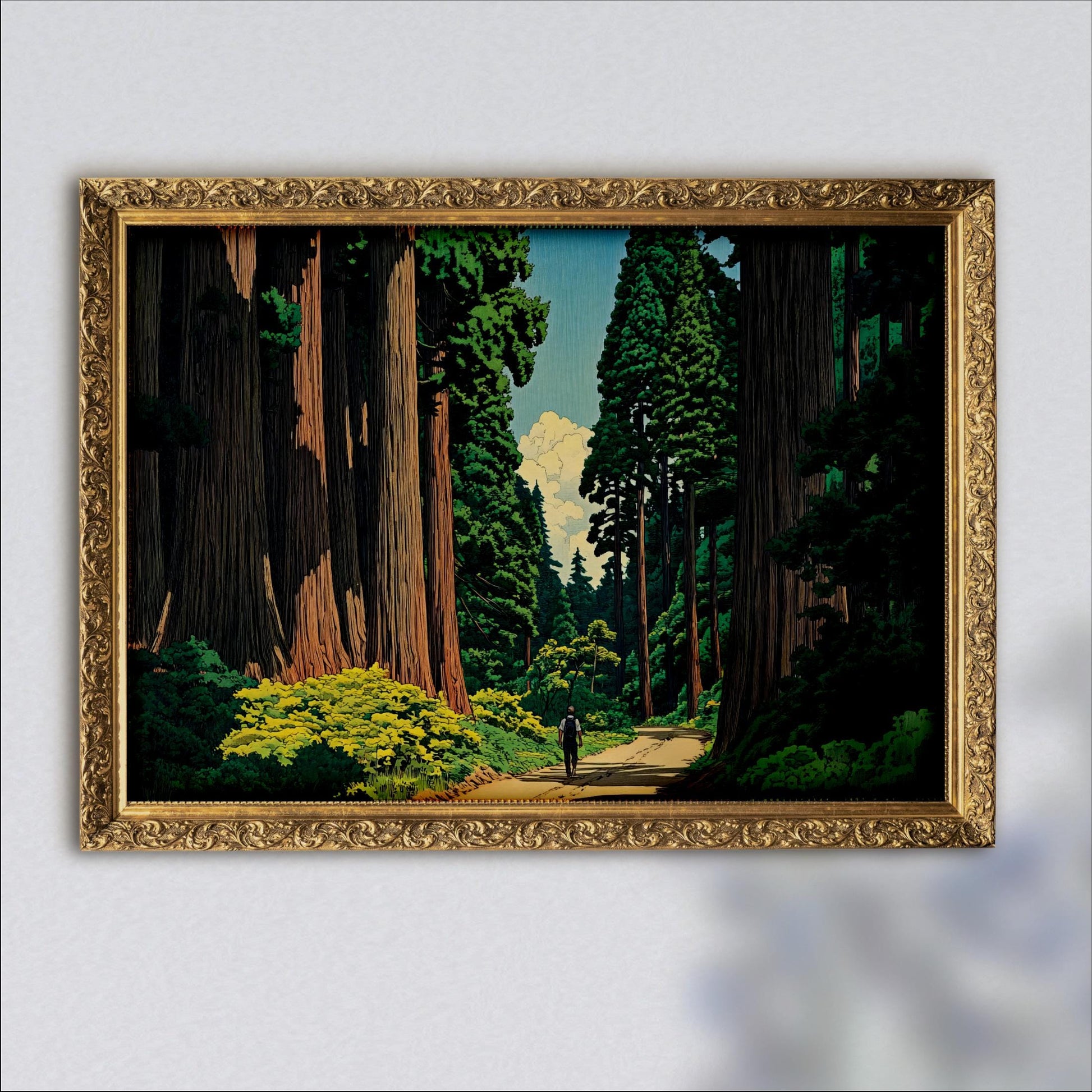 The image is a painting of a forest scene with a person walking along a path through the trees.