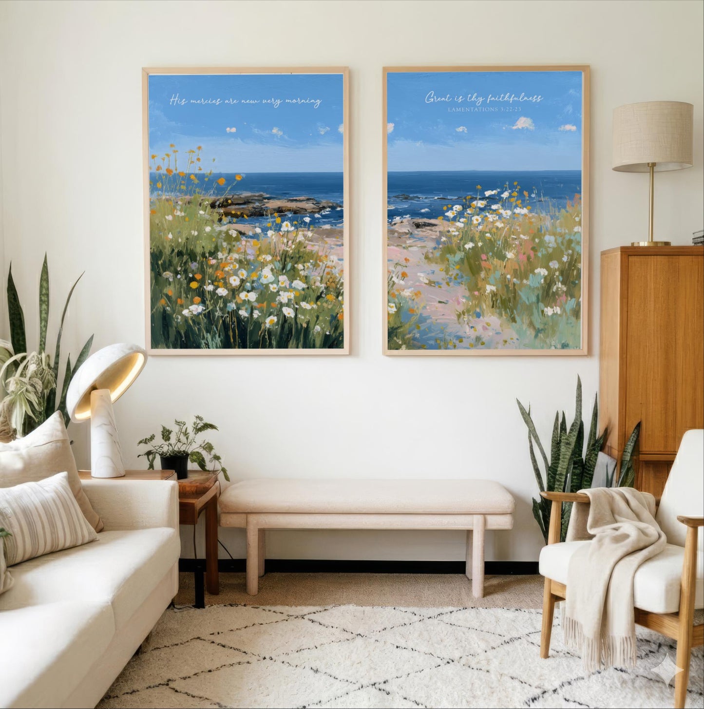 a living room with two framed paintings of a beach scene hanging on the wall. The paintings depict a serene landscape with a beach, ocean, and colorful flowers. The room is decorated with a white sofa, a wooden side table, and a lamp. There are also several potted plants and a rug on the floor, adding to the cozy and inviting atmosphere of the space.