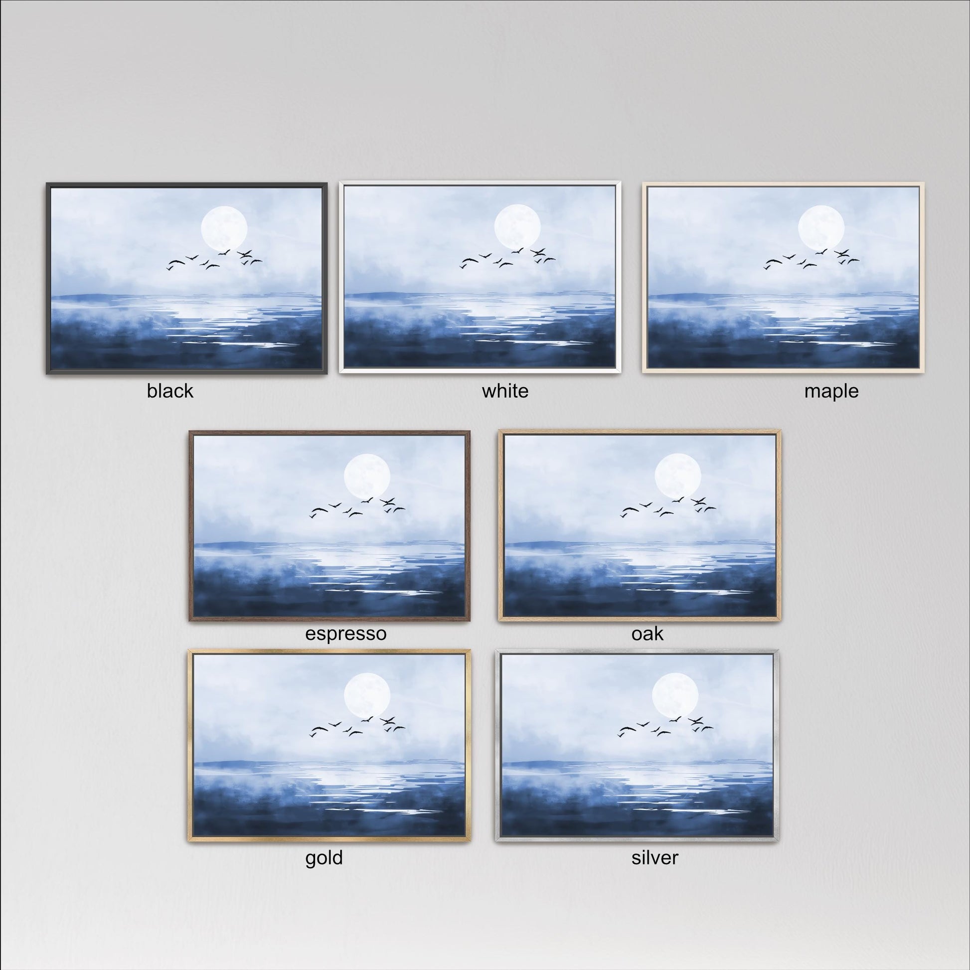 six framed landscape paintings depicting a serene scene of a moonlit sky with birds flying over a body of water. The paintings are arranged in a grid format, with each frame showcasing a different color and frame style. The colors include black, white, maple, espresso, oak, and gold, while the frame styles vary from simple to more intricate designs.