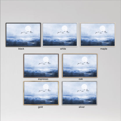 six framed landscape paintings depicting a serene scene of a moonlit sky with birds flying over a body of water. The paintings are arranged in a grid format, with each frame showcasing a different color and frame style. The colors include black, white, maple, espresso, oak, and gold, while the frame styles vary from simple to more intricate designs.