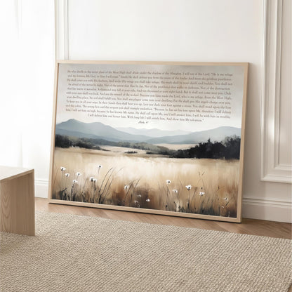 a framed painting of a serene landscape with a field of tall grass and a body of water in the background.
