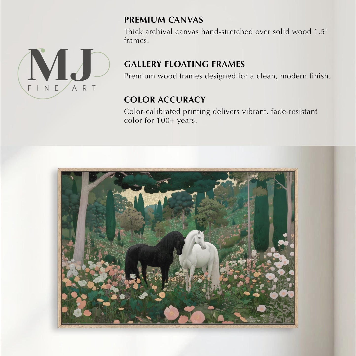 The image is a painting of two horses in a field with flowers, framed by a wooden frame.