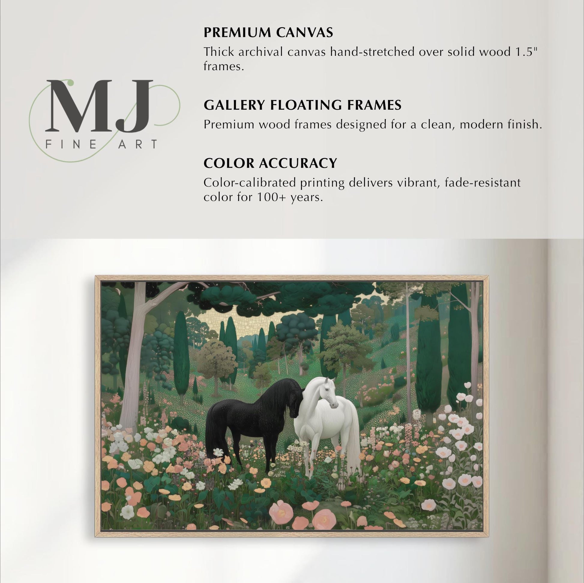 The image is a painting of two horses in a field with flowers, framed by a wooden frame.