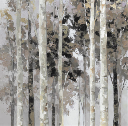 a serene forest scene with tall, thin trees in various shades of gray and white, creating a sense of depth and tranquility.