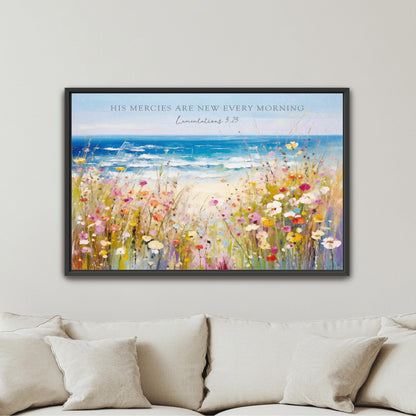 The image is a framed painting of a serene landscape with a field of colorful flowers and a body of water in the background.
