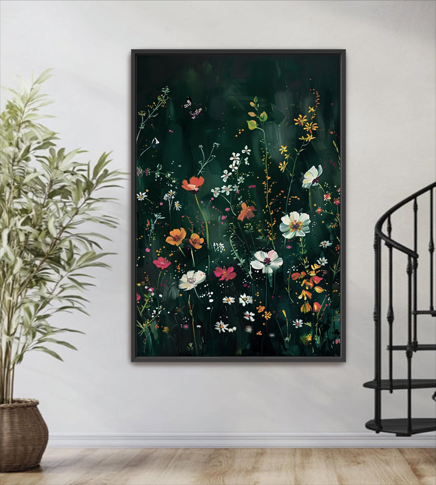 a large, vibrant painting of a lush, colorful garden scene with various flowers and foliage. The painting is hung on a wall next to a black metal spiral staircase, creating a visually appealing and harmonious display.