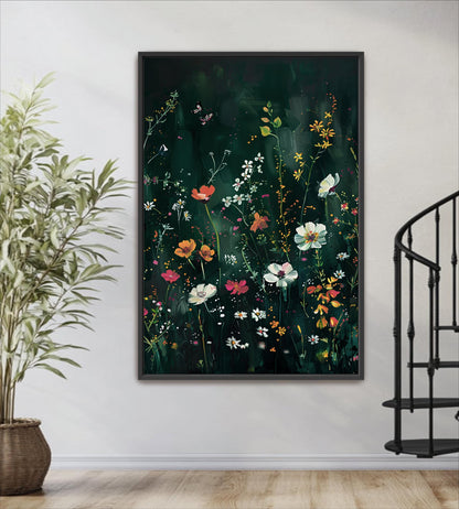 a large, vibrant painting of a lush, colorful garden scene with various flowers and foliage. The painting is hung on a wall next to a black metal spiral staircase, creating a visually appealing and harmonious display.
