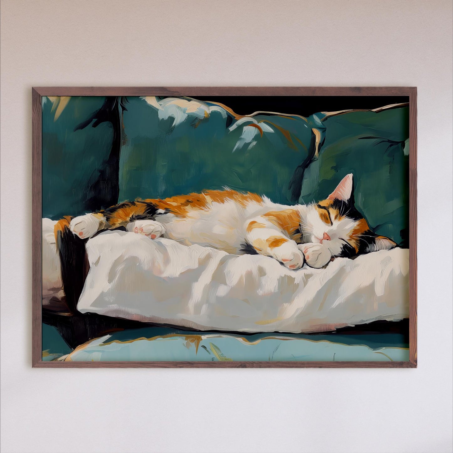 painting of a calico cat lying on a white pillow on a green couch.