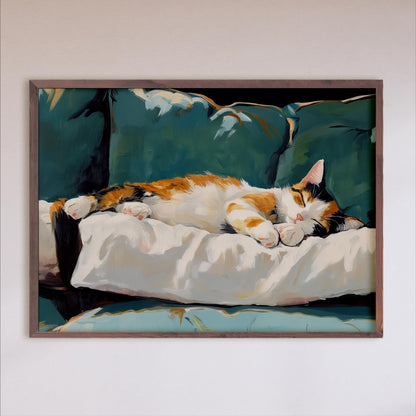painting of a calico cat lying on a white pillow on a green couch.