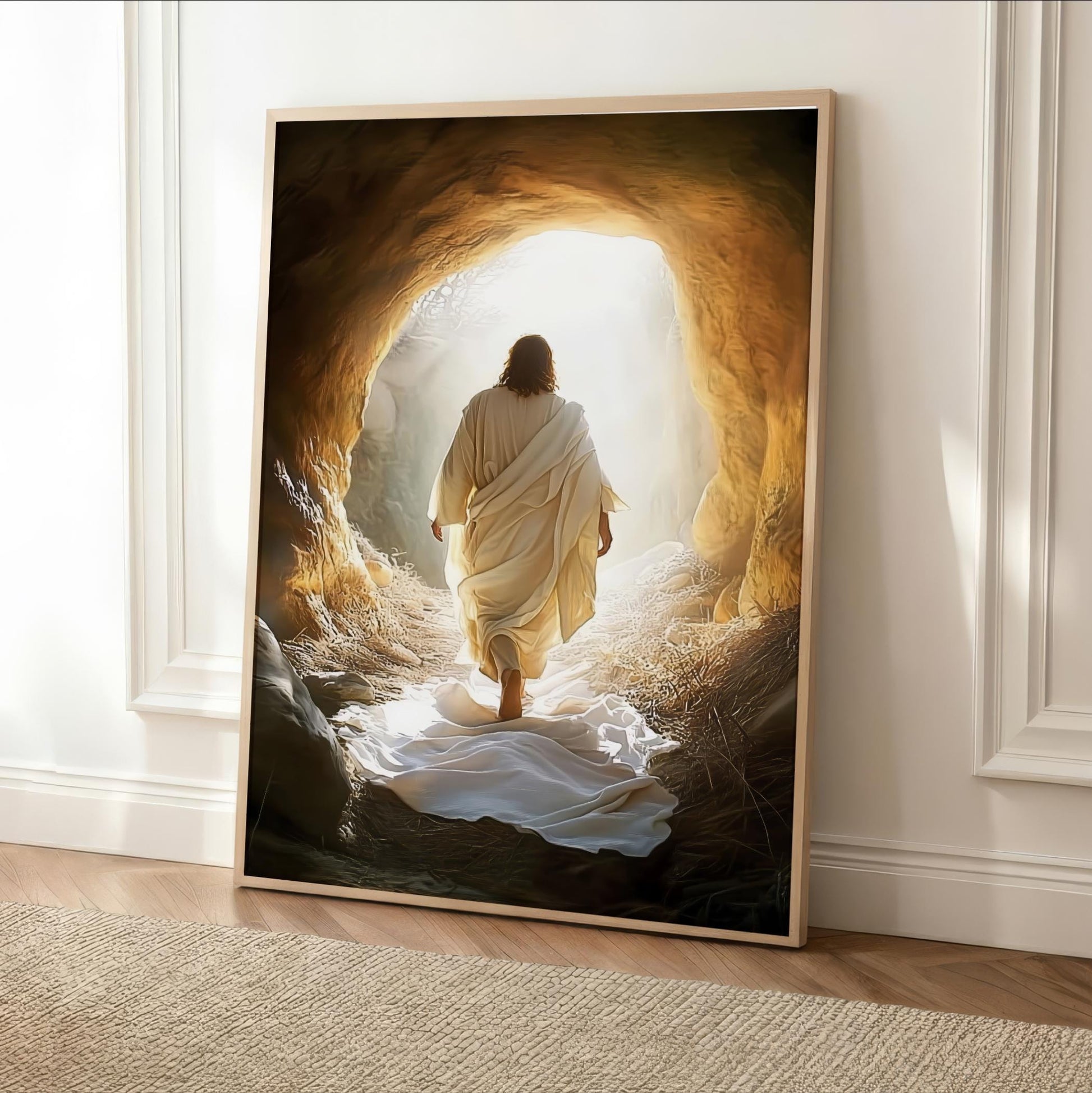 a person in a white robe walking through a cave with a bright light at the end, creating a sense of hope and guidance.