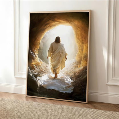 a person in a white robe walking through a cave with a bright light at the end, creating a sense of hope and guidance.