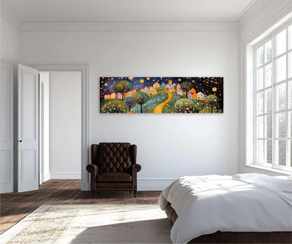 a room with a bed, chair and a painting on the wall