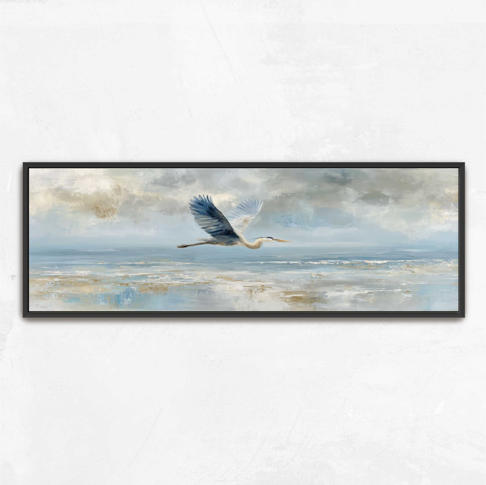 A large painting of a bird in flight against a cloudy sky, with the bird's wings spread wide as it soars over a body of water.