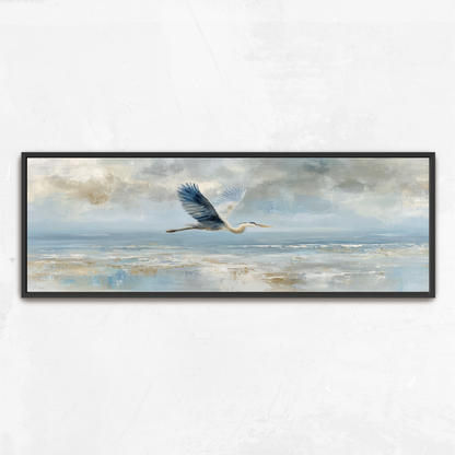 A large painting of a bird in flight against a cloudy sky, with the bird's wings spread wide as it soars over a body of water.