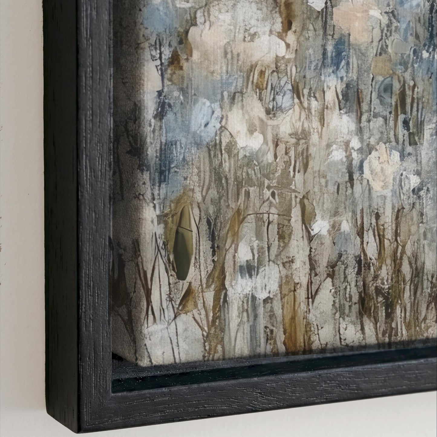 The image is a close-up of a framed painting with a textured, abstract background featuring various shades of brown, gray, and white.