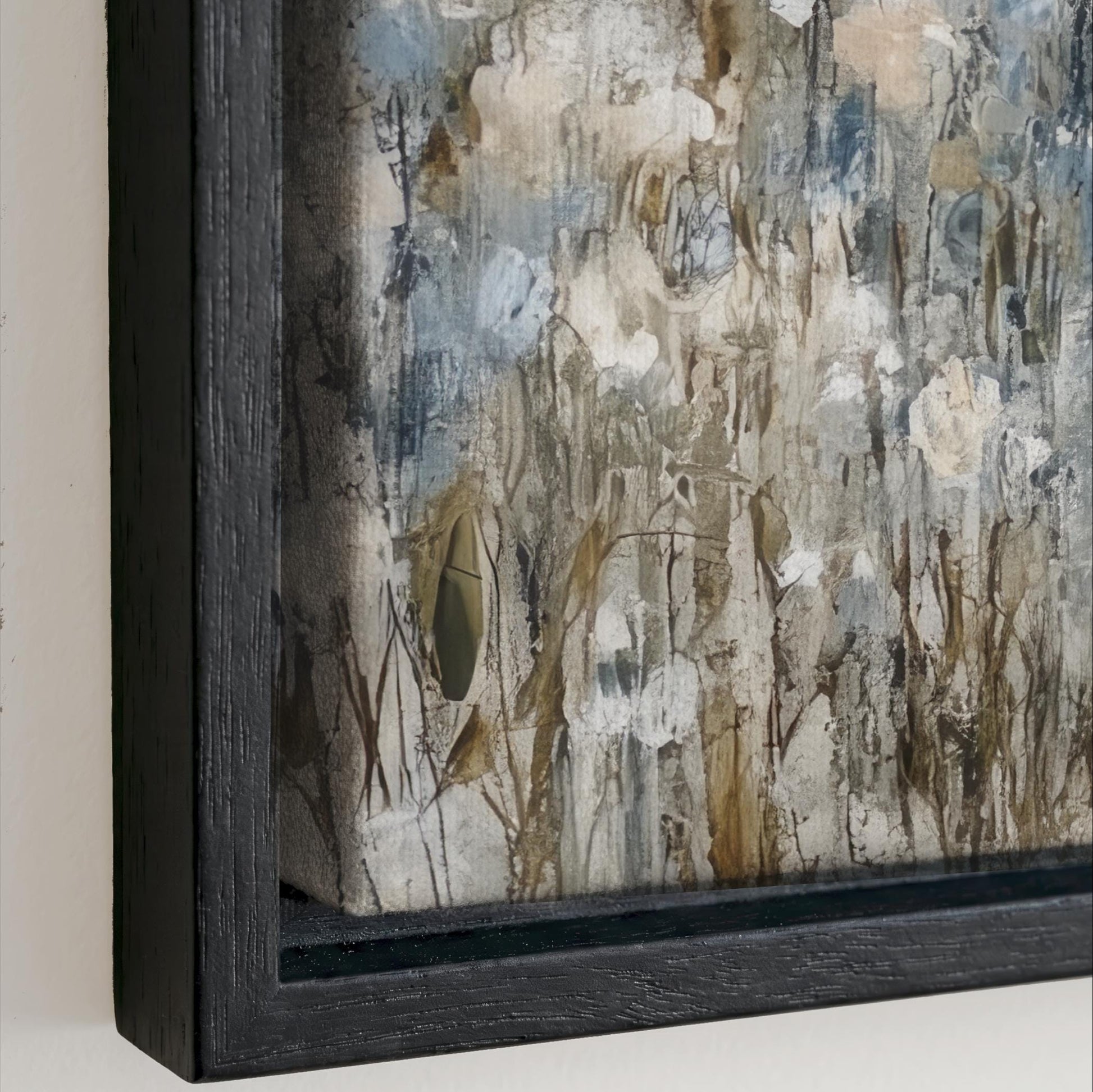 The image is a close-up of a framed painting with a textured, abstract background featuring various shades of brown, gray, and white.