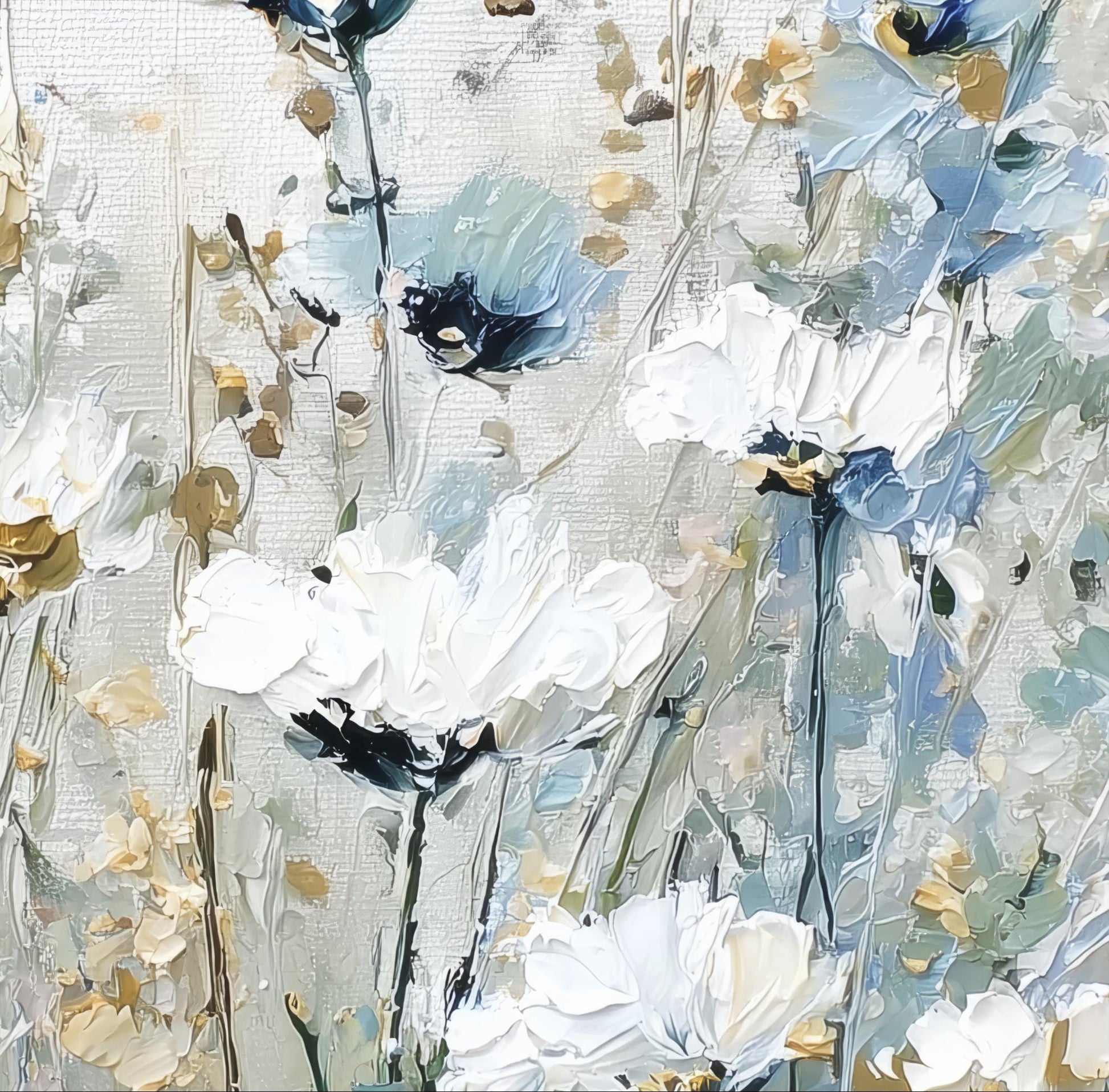 The image is a close-up of a painting featuring a variety of white and blue flowers.