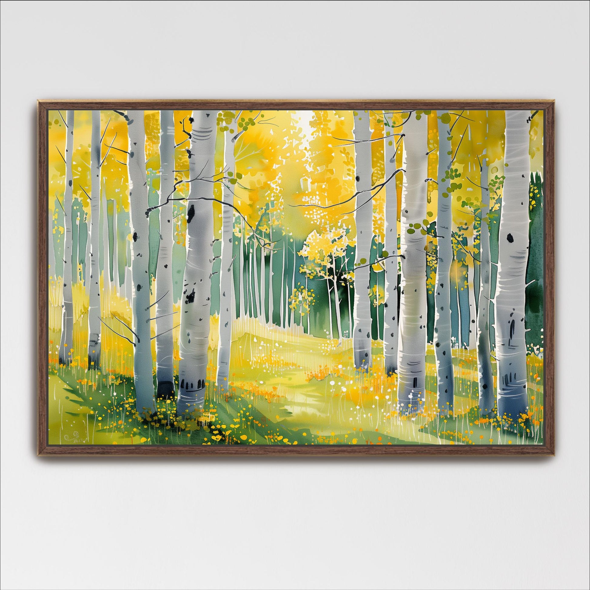 A framed painting depicting a serene forest scene with tall trees in the foreground and a field of yellow flowers in the background.