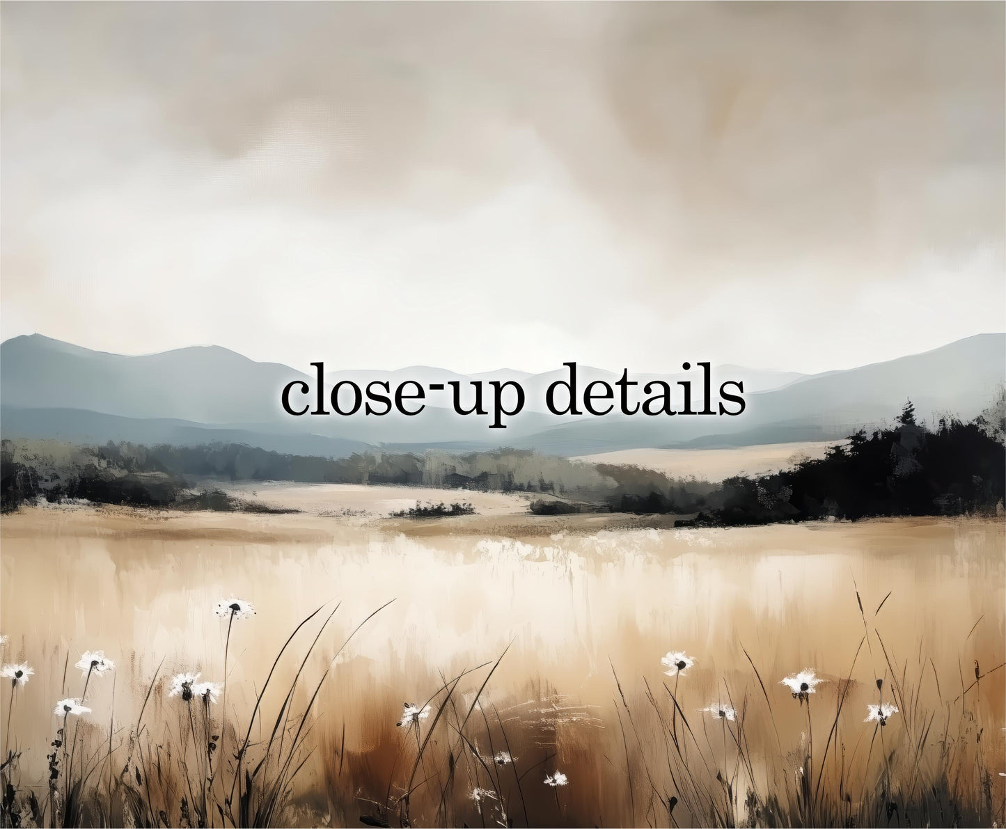 a serene landscape with a field of tall grass and wildflowers, set against a backdrop of mountains and a cloudy sky.