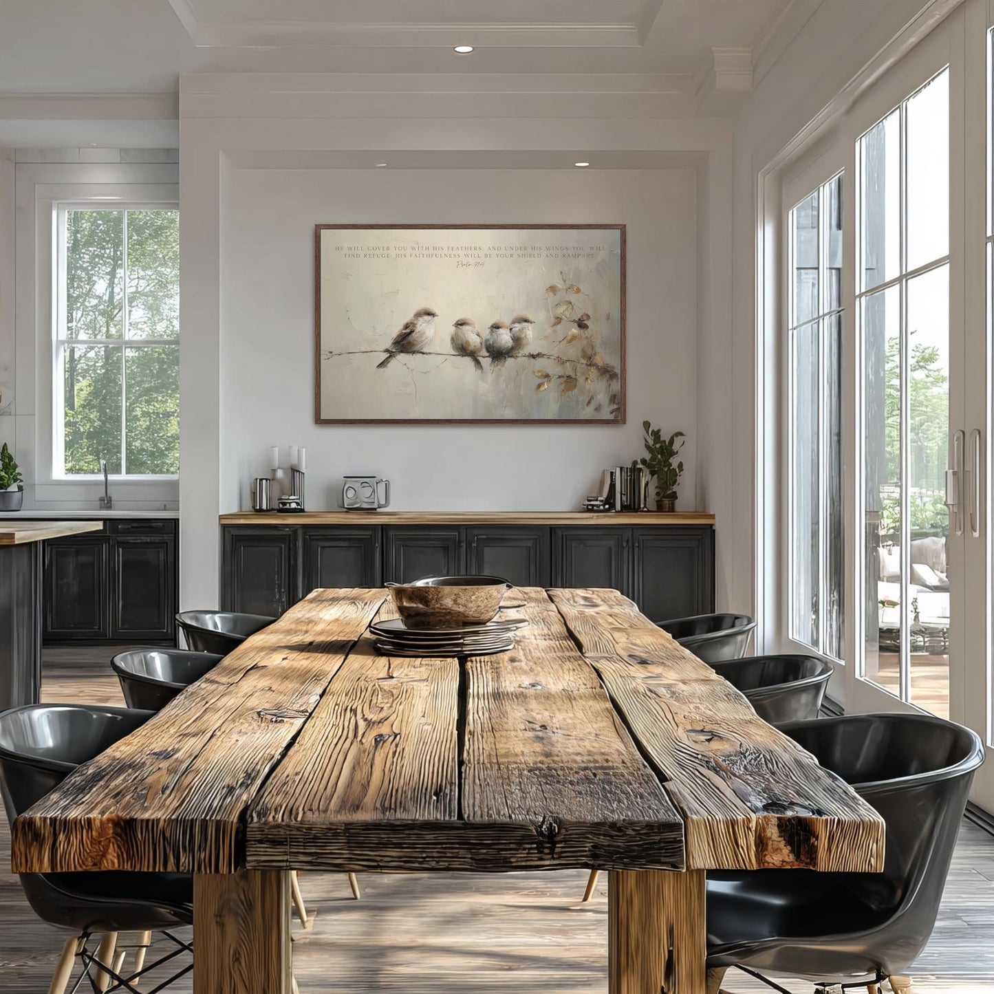 a rustic wooden dining table with a bowl on it, surrounded by black chairs. A large painting of birds is hanging on the wall above the table. The room has large windows that allow natural light to fill the space, and a wooden cabinet is visible in the background.