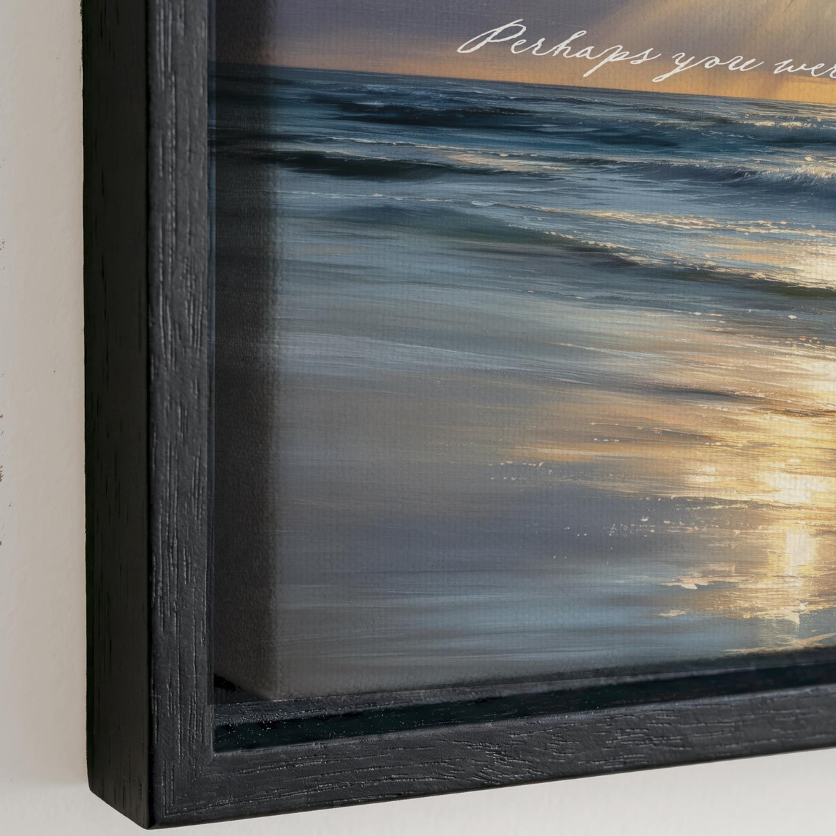 The image is a framed painting depicting a serene beach scene with waves gently lapping at the shore.