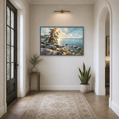 a serene hallway with a large painting of a rocky coastline and a tree hanging on the wall. The painting is framed in black and is the focal point of the room. The hallway is decorated with a rug, a small table with a plant, and a potted plant, creating a cozy and inviting atmosphere.